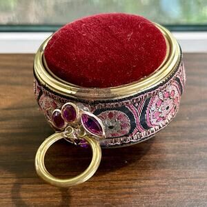 Vintage Red Velvet Pin Cushion with Brocade Trim and Jeweled Handle